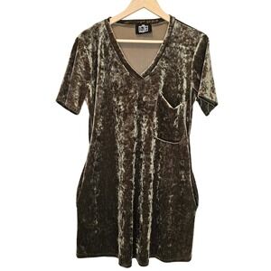 Lux Crushed Velvet V-neck‎ Mini Tee Dress Pockets Brown Gray Size Large